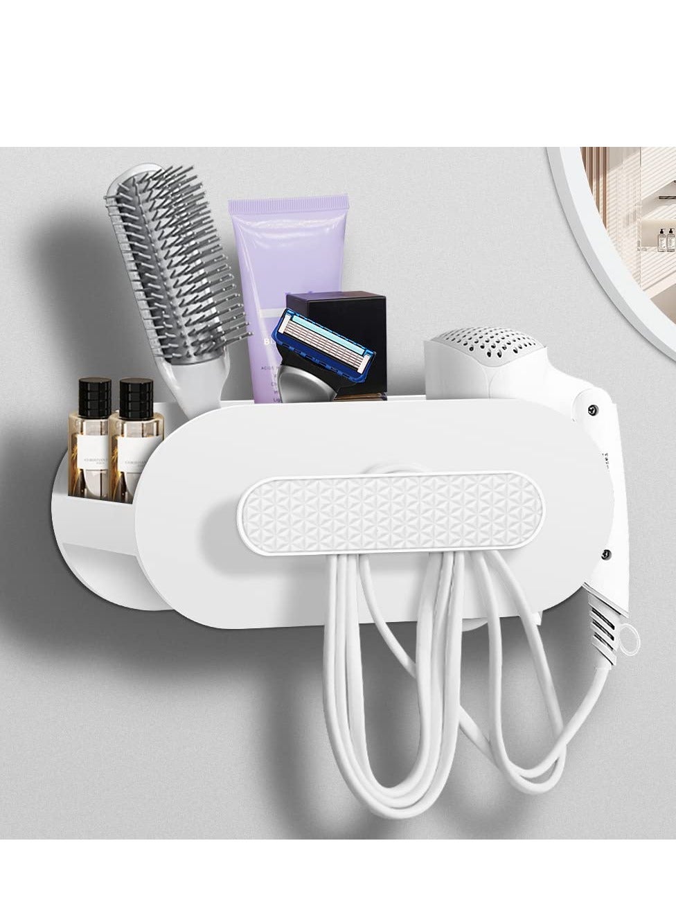 Hair Dryer Holder, Bathroom Organization, Hair Tool Organizer Wall Mount, Tray Stand Storage Bathroom Vanity Countertop with 3 Holes, White