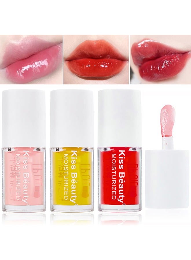 3 Pcs Fruity Plumping Lip Oil Moisturizing Hydrating Lip Care Hydrating Lip Gloss Tinted Lip Balm, Long Lasting & Nourishing Lip Glow Oil, Non-sticky Fresh Texture