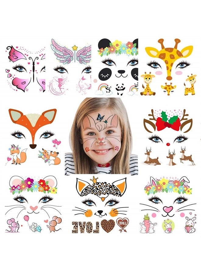 Animal Temporary Face Tattoo Sticker Set for Kids Adults, Water Transfer Butterfly Panda Deer Giraffe Fairy Floral Festival Body Paint Makeup Decoration Stickers for Halloween