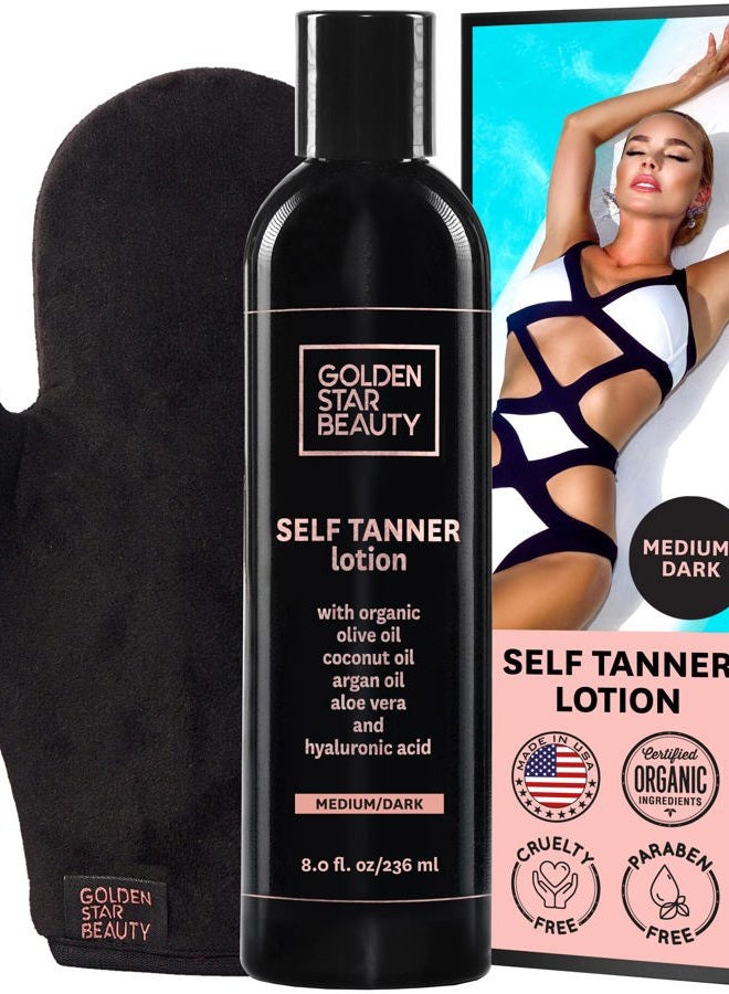 Organic Self Tanning Lotion for Natural Looking Tan-Fake Tan-Best Sunless Tanning Lotion for Bronze Skin-Best Self Tanners for Face and Body-with Tanning Mitt