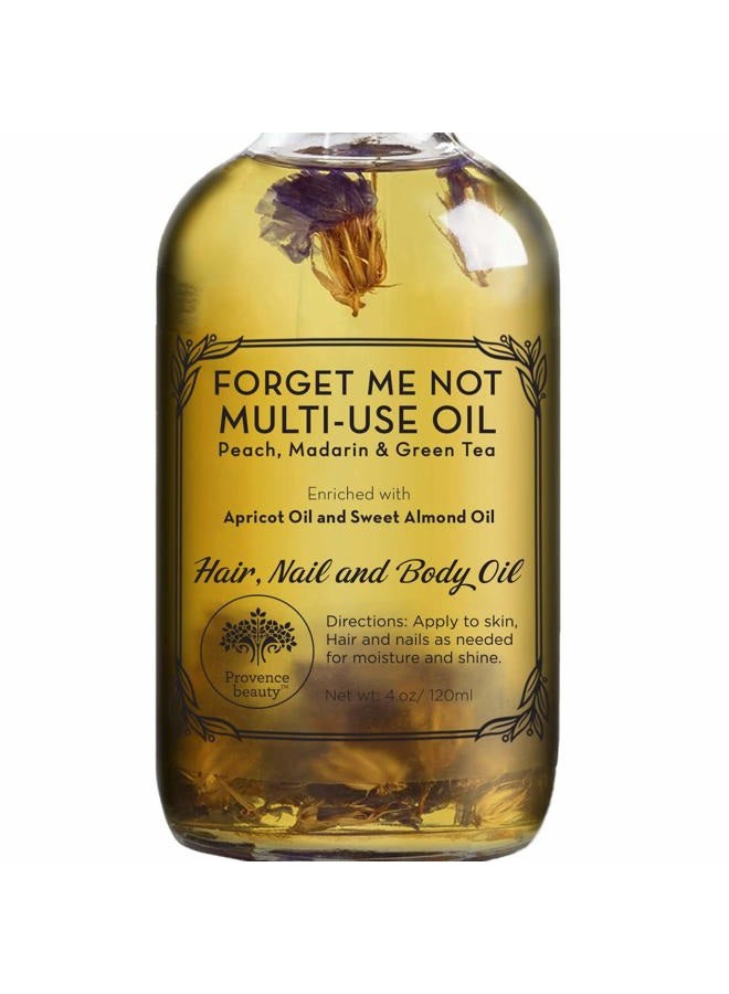 Multi-Use Oil for Face, Body and Hair - Forget Me Not - Organic Blend of Apricot, Vitamin E and Sweet Almond Oil Moisturizer for Dry Skin, Scalp and Nails - Peach, Mandarin and Green Tea - 4 Fl Oz