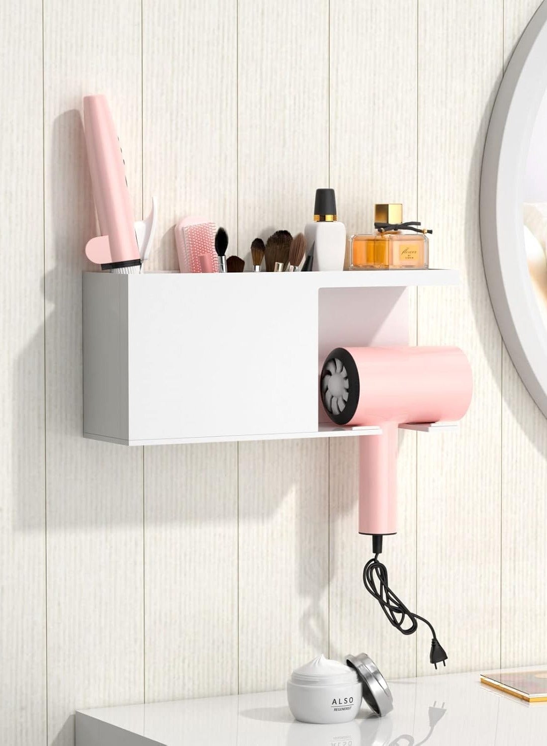 Hair Dryer Holder, White Acrylic Wall Mount Hair Tool Organizer and Styling Tools Holder, Bathroom Blow Dryer and Curling Iron Storage Organization for Vanity, Makeup, Toiletries