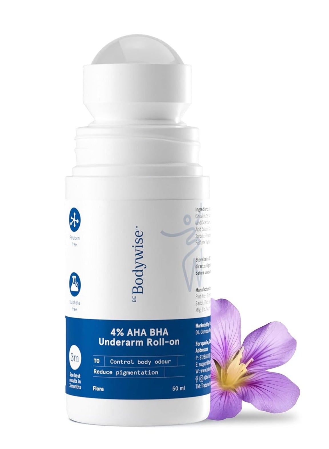 Deodorant 4 Percent AHA BHA UnderArm Roll on 2 Percent Lactic Acid 1 Percent Mandelic Acid 1 Percent Salicylic acid Prevents Body Odour Pigmentation Kills Bacteria for Radiant Underarm Long Lasting 50ml