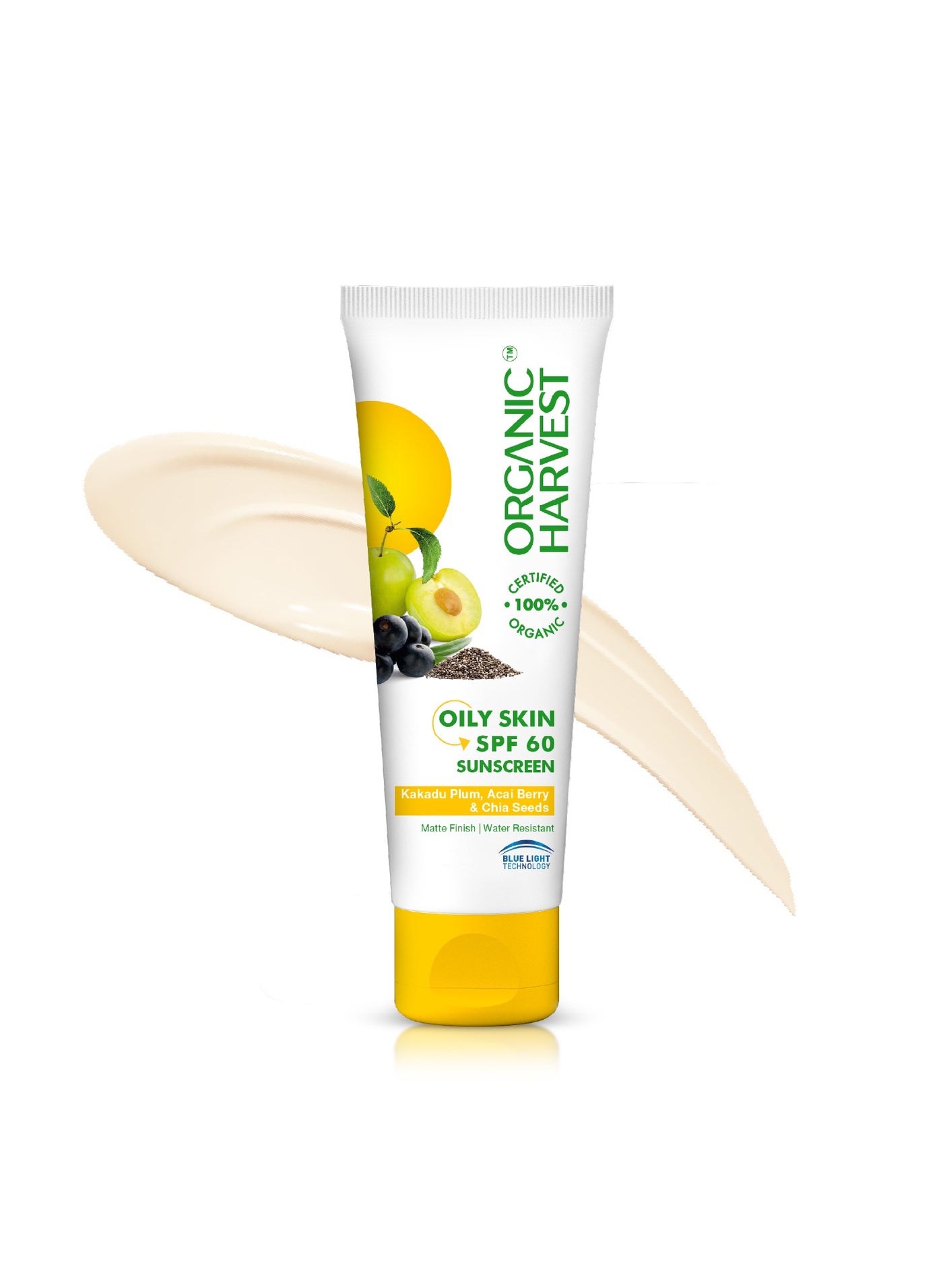 Organic Harvest Oily Skin SPF 60 Sunscreen For Men/Women With Kakadu Plum, Acai Berry & Chia Seeds -100% Certified Organic -100% Transparent, Responsible, Sustainable - free 100 ml