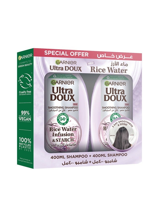 Ultra Doux Rice Water and Starch Infusion Shampoo, 400 ml + Shampoo 400 ml for Smooth and Shiny hair