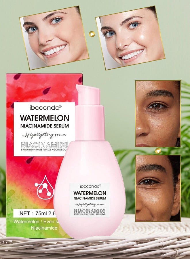 75ML Watermelon Niacinamide Serum Hyaluronic Facial Serum Brighten with Glycerin and Vitamin E Priming Liquid Highlighter Multi Purpose Lightweight Face Makeup Primer Moisturizing Watermelon Serum