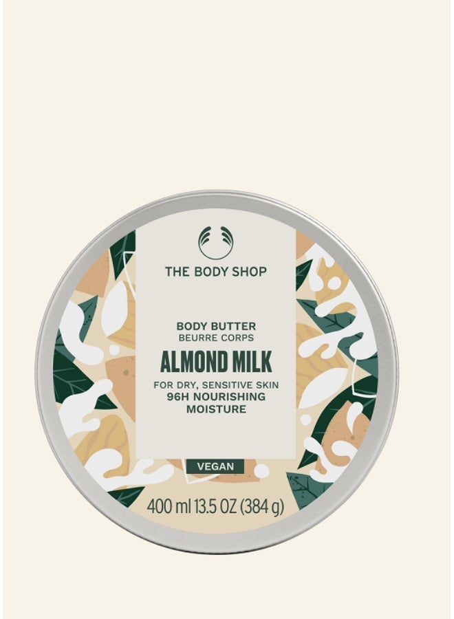Almond Milk Body Butter | 96hr Moisture Rich Cream for Dry, Sensitive Skin | With Shea Butter, Almond Oil & Sesame Oil | Vegan Skincare | 95% Natural Origin | Non-Greasy Soothing Body Moisturiser, 400ml