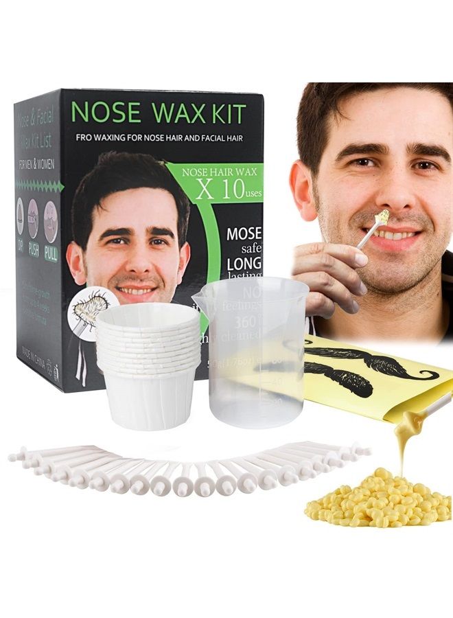Nose Wax Kit, Nose Waxing Hair Wax Removal for Men Women, Nose Hair Waxing Kit For Men Ear Hair Waxing Kit Nose Hair Removal Kit for 50g Wax Beads 20 Applicators 10 Paper Cups 10 Mustache Guards