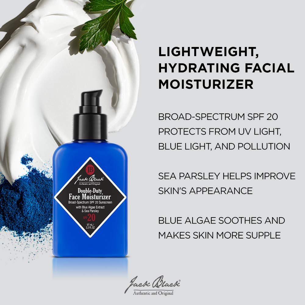 Jack Black Double-Duty Face Moisturizer, 3.3 Fl. Oz â€“ SPF 20 Sun Protection, Long Lasting Hydrating Skincare, Lightweight Moisturizer, Menâ€™s Facial Moisturizer