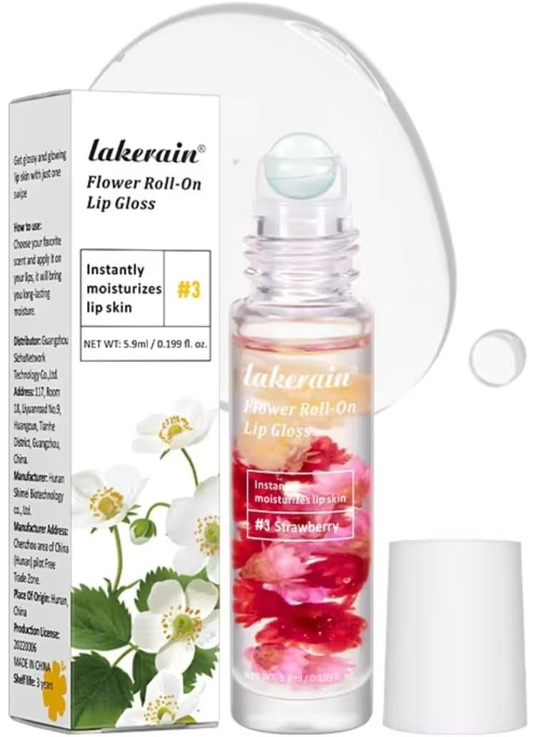 Flower Roll on Lip Gloss Strawberry Reduce Drying Instantly Moisturizes Lip Skin Hydrating Lip Protector Lip Gloss Lip Oil Clear Long Lasting Sweet Taste Lip Serum Real Flower Lip Oil 03