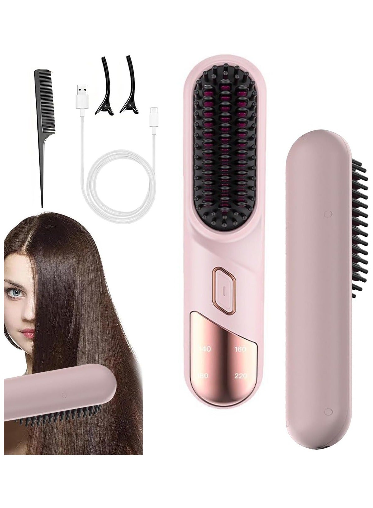 Cordless Hair Straightener Brush, Portable Hair Straightening Comb for Women, Negative Ions, USB Rechargeable, Mini and Lightweight Hair Straightener for Travel (Pink)