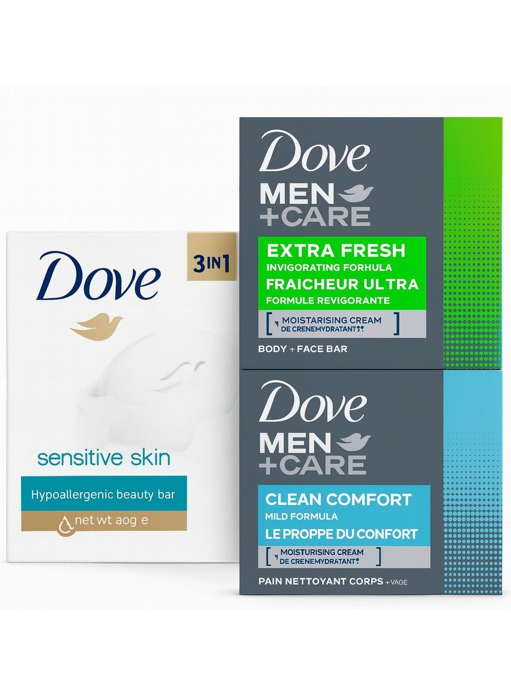 Original Dove Soap Bundle – Sensitive Skin Beauty Bar with Gentle Formula 90g & Dove Men+Care Extra Fresh 100g + Clean Comfort 100g  – Deep Moisturizing, Effective Cleansing for Face & Body