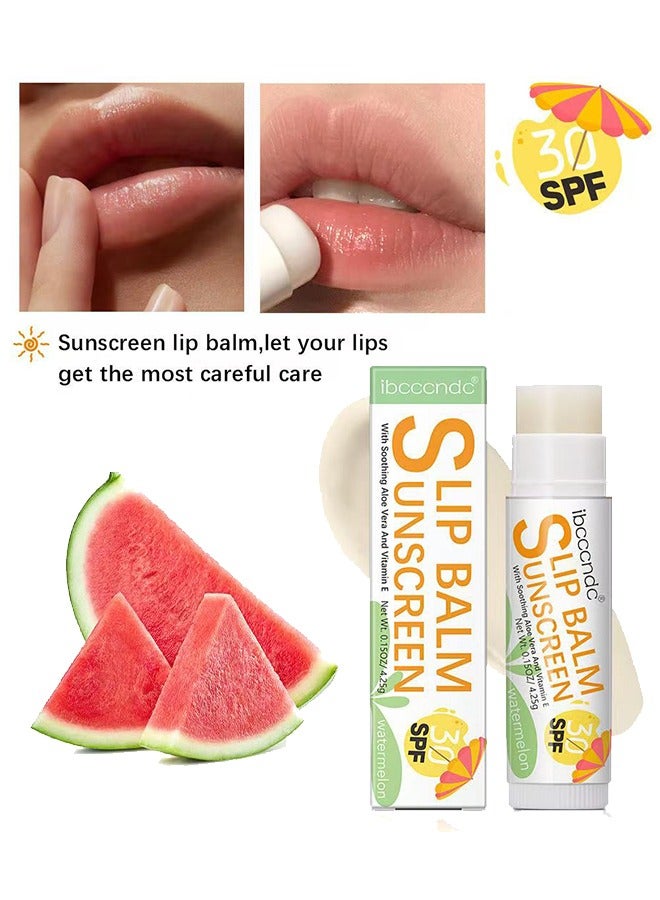 SPF 30 Sunscreen Lip Balm，Watermelon Formula Lip Balm SPF 30 Aloe and Vitamin E Sunscreen Lip Balm All Day Moisturizing Sunscreen Lip Balm Hydrates Dry Cracked Lips Vegan and Cruelty Free Broad Spectrum UVA/UVB Lip Care Balm