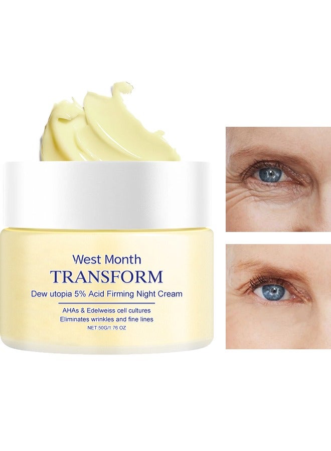 Transform, Dew Utopia 5% Acid Firming Night Cream-AHAs & Edelweiss Cell Cultures Eliminates Wrinkles And Fine Lines,Anti-Aging Face Moisturizer for Sensitive Skin, Firming Face and Neck Cream 50g