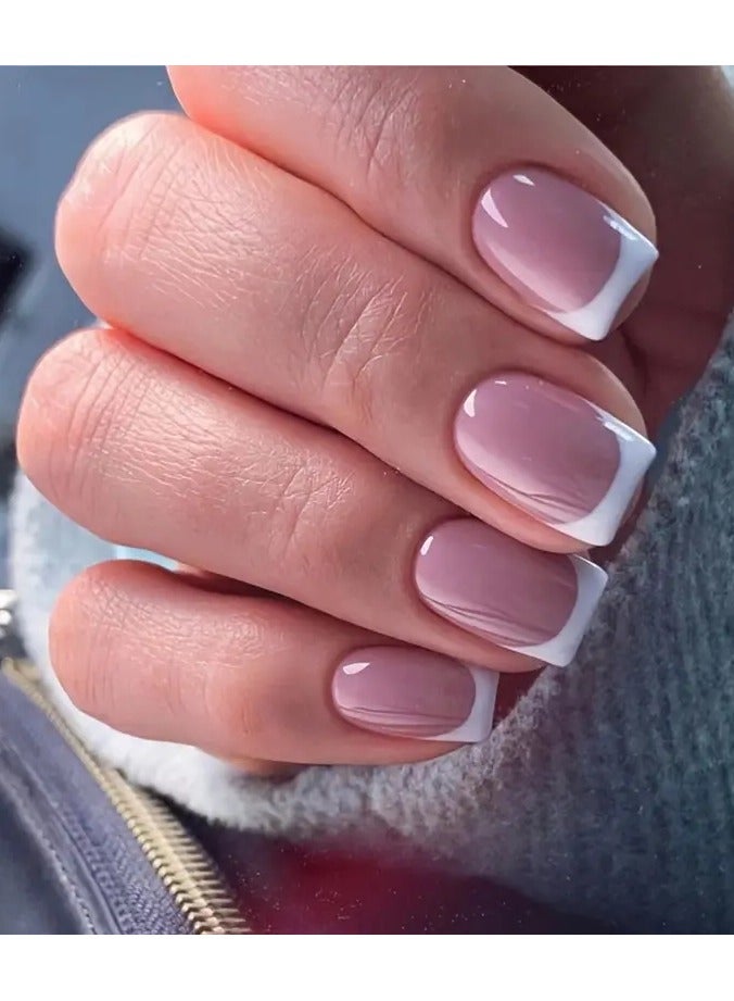 Glossy Square Pink Press On Nails with White Tip Design - Long-Lasting and Easy to Apply