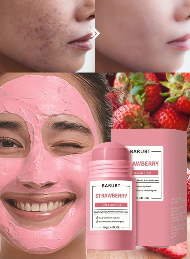 Strawberry Pore Clay Stick 40G Gently Exfoliates and Hydrates Helps Skin Brightens with Raspberry Extract & Glycolic Acid Face Clay Mask Pore Minimizer Deep Cleaning Face Mask Stick for Men and Women