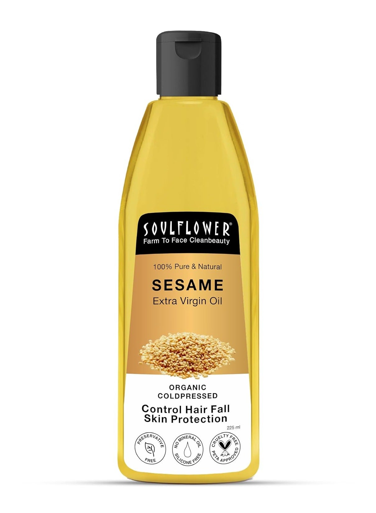 Soulflower Organic Sesame Oil for Hair Growth 225ml, Reduce Hair Fall, Moisturizer, Prevents Dandruff, 100% Pure, Ecocert Organic Certified, Natural, No Mineral Oil & Preservatives