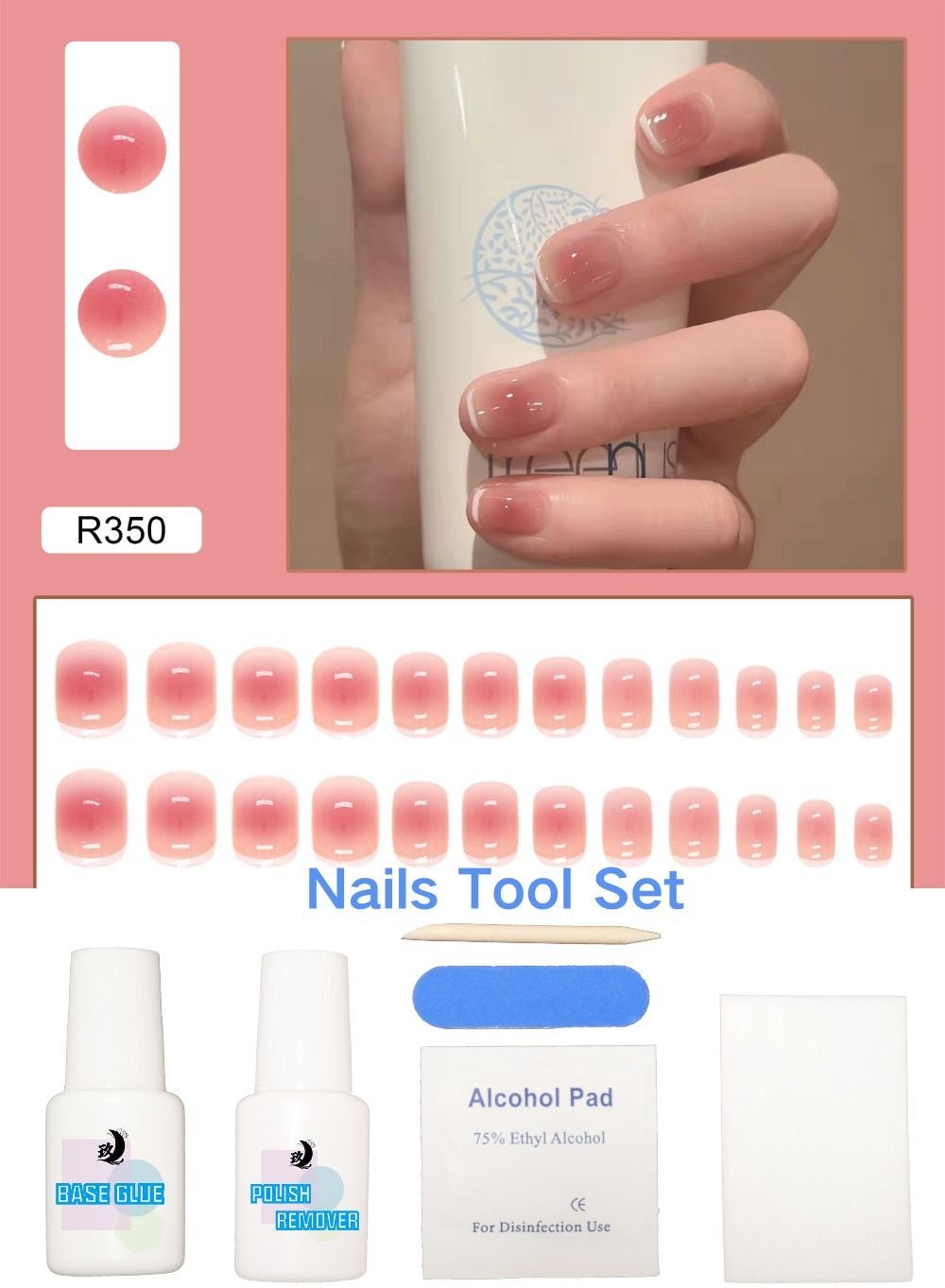 24 Pieces False Nails with Glue Tool Set Mixing colors Gentle Red and Pink Press on Nails Simple Salon Nails French Style Nude Colour Cosmetics Makeup Nails for Ladies Girls Gift