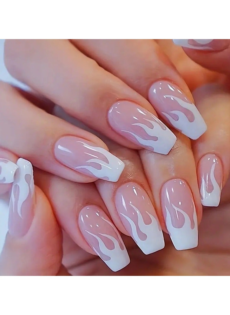 24 pcs Ballet-Inspired Pink Flame Press On Nails - Medium Detachable Fingernails with Full Coverage Square Head - Perfect for Wearable Fake Nails and Charming Look