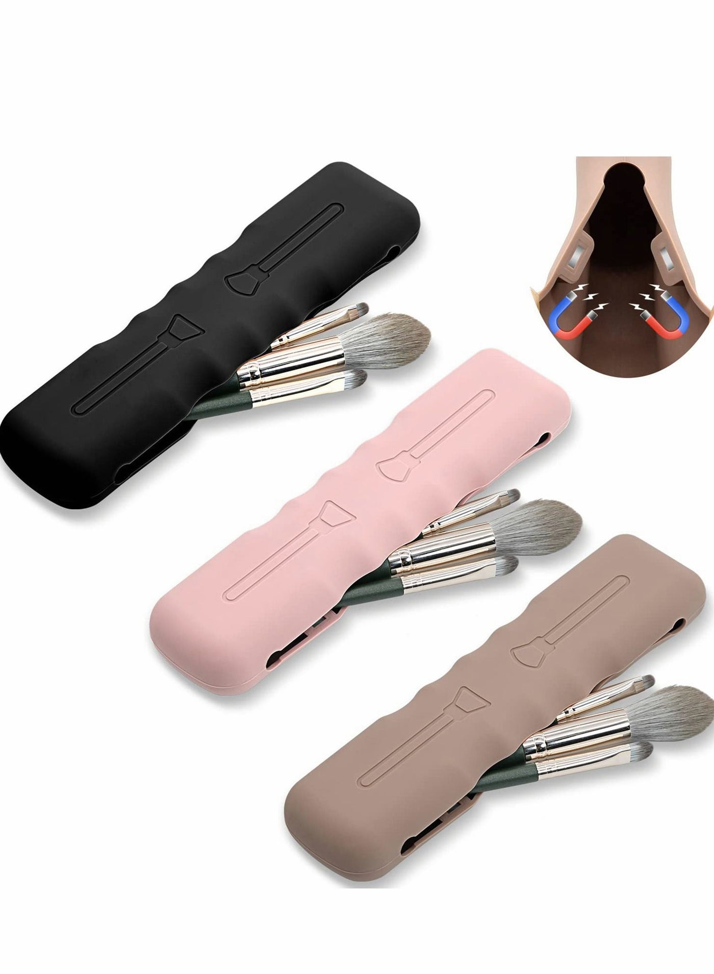 Travel Makeup Brush Holder, 3Pack Silicone Bag, Soft Cute Portable Cosmetic Face Brushes Holders, Waterproof Organizer for Traveling-Black, Pink, Khaki