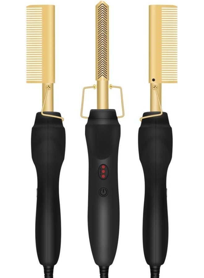 A-LHT Gold Plated Heated Styling Comb Electric Hot Straightening Heat Comb Ceramic Curling Flat Iron Curler Designed Hair Straightener for Natural Black Hair, Wigs