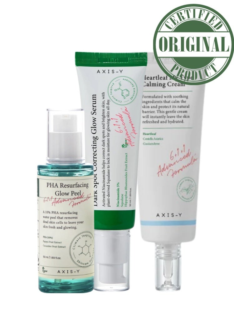 Dull, Rough & Uneven Skin Tone Solution – AXIS-Y Exfoliating Glow Peel, Brightening Glow Serum & Soothing Calming Cream Radiance Perfecting Set