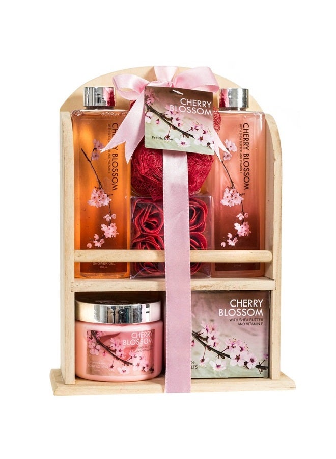 Home Spa Gift Basket - Deluxe Cherry Blossom Fragrance - Luxury Bath & Body Set For Women - Contains Shower Gel, Bubble Bath, Bath Salts, Body Lotion, Bath Puff, Pink Bath Rose Soaps in Wooden Curio
