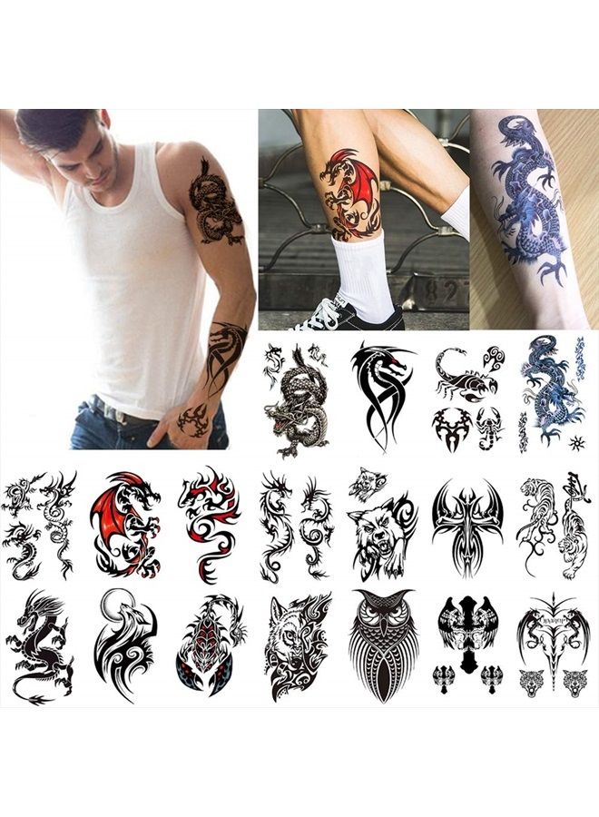 18 Sheets Dragon Black Temporary Tattoos for Men Teens, Animal Scorpions Wolf Owl Dark Tribal Tiger Cross, on Arm Shoulder Hand Leg Back Body Art 4.7''x7.5''
