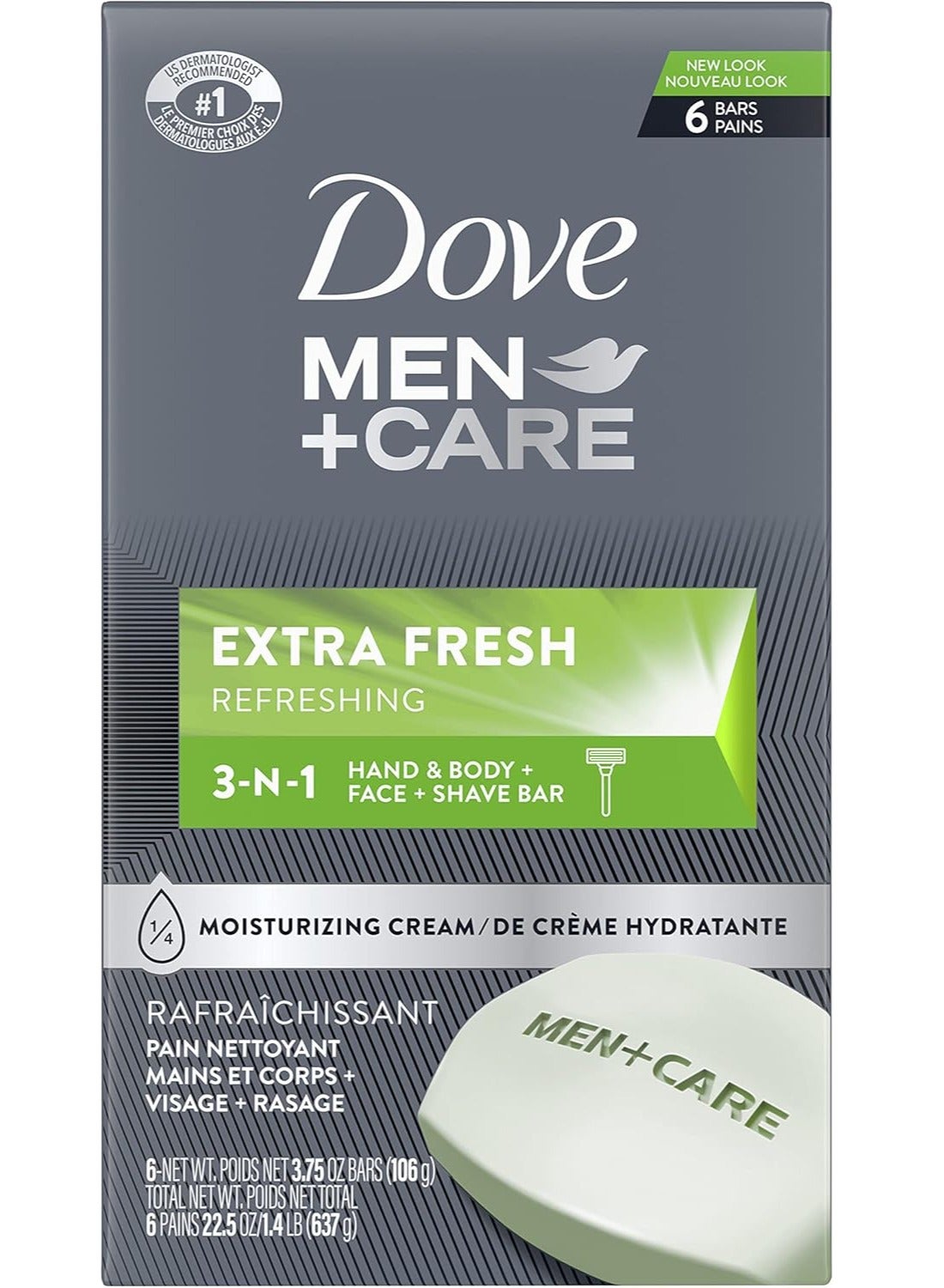 DOVE MEN + CARE Refreshing 3 in 1  for Body, Face, and Shave Bar to  Extra Fresh Body and Facial Cleanser More Moisturizing Than Bar Soap 106gm 6 Bars