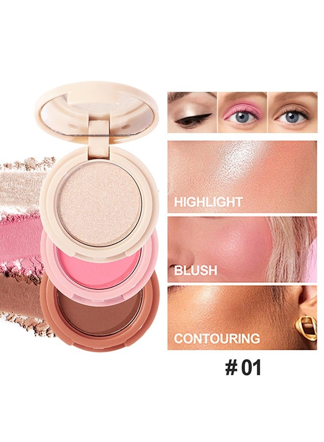 Glow Up-3 In 1 Highlight+Blush+Contouring Powder Cheek For Face Blush Bronzer Palette Long-Lasting, Ultra-Thin, Natural And Bright Color Cushion Applicator Blendable Natural Makeup Face Blush #01