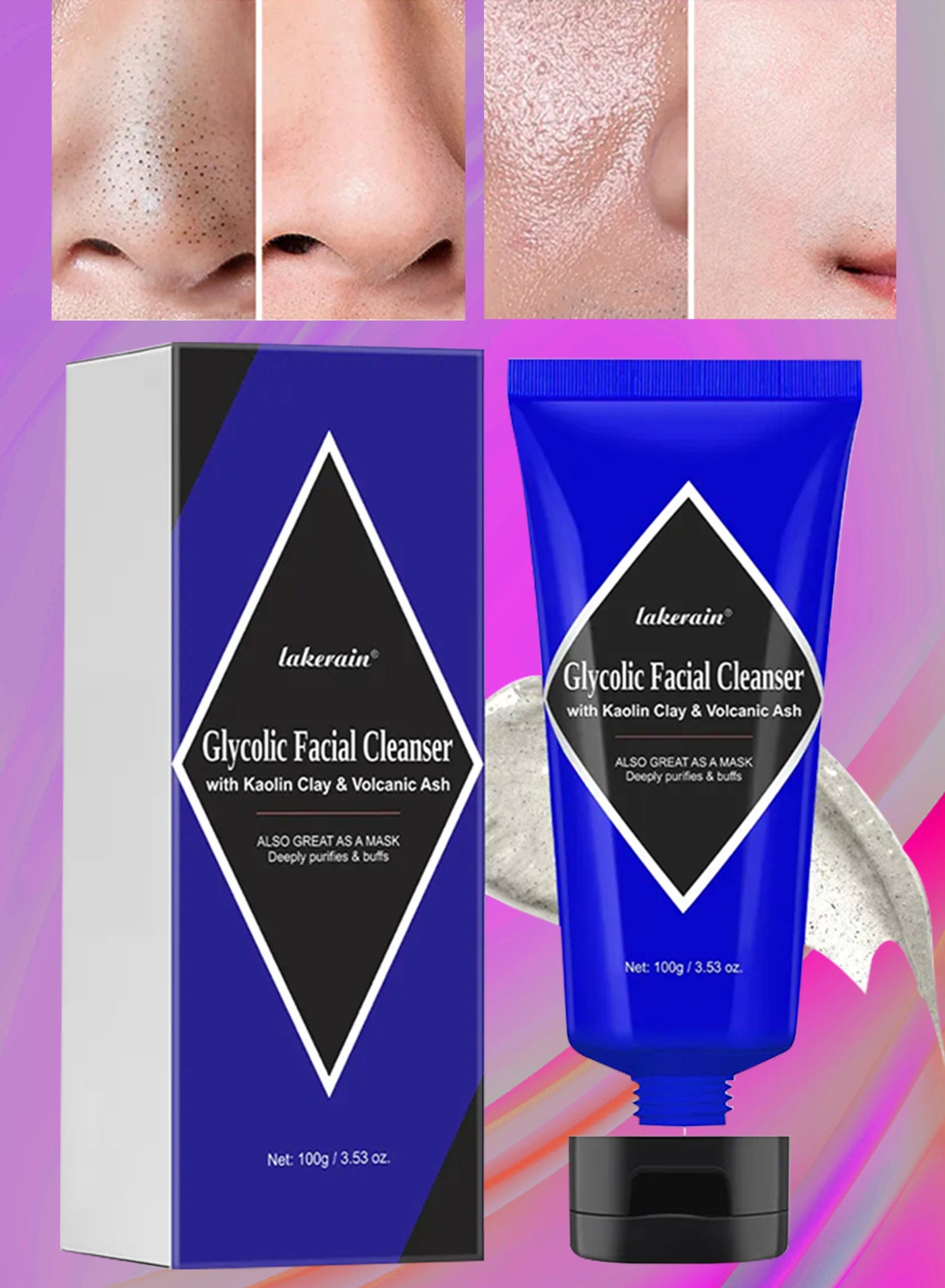 100g Glycolic Facial Cleanser for Men Purify Skin Deep Cleaning Face Cleanser with Volcanic Ash and Kaolin Clay for All Skin Types Facial Cleansing Face Mask Ash Facial Cleanser Foam Pore Face Cleanser