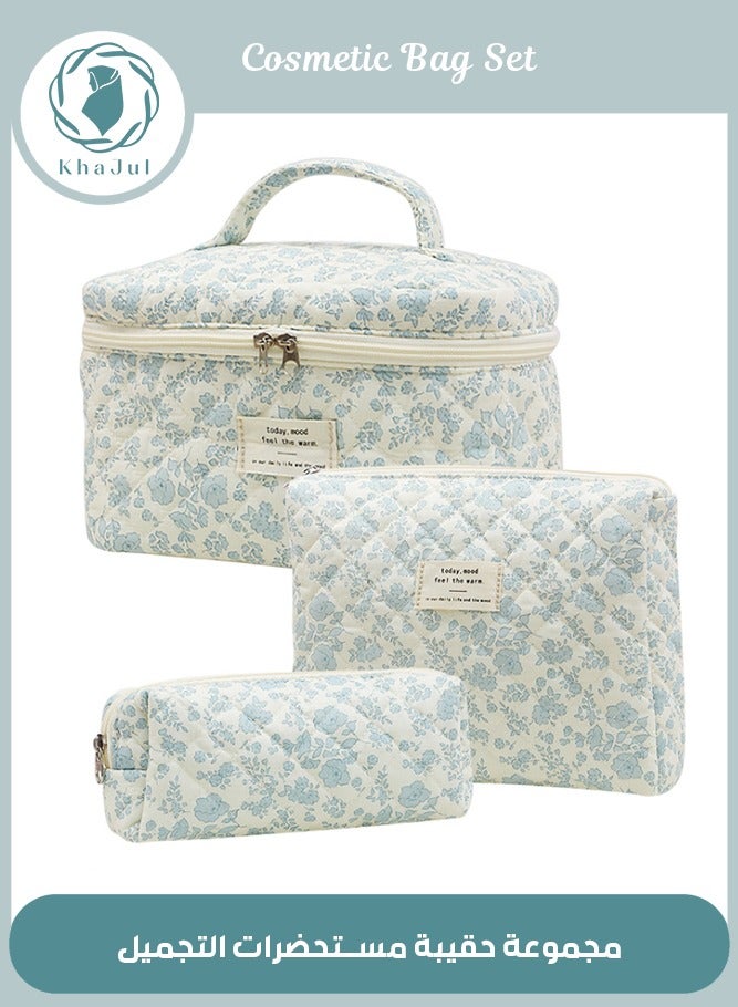 3-Piece Large Quilted Makeup Bag for Women and Girls, Lovely Floral Cotton Cosmetic Bag, Aesthetic Travel Organized Toiletry Bags (Blue Flowers)