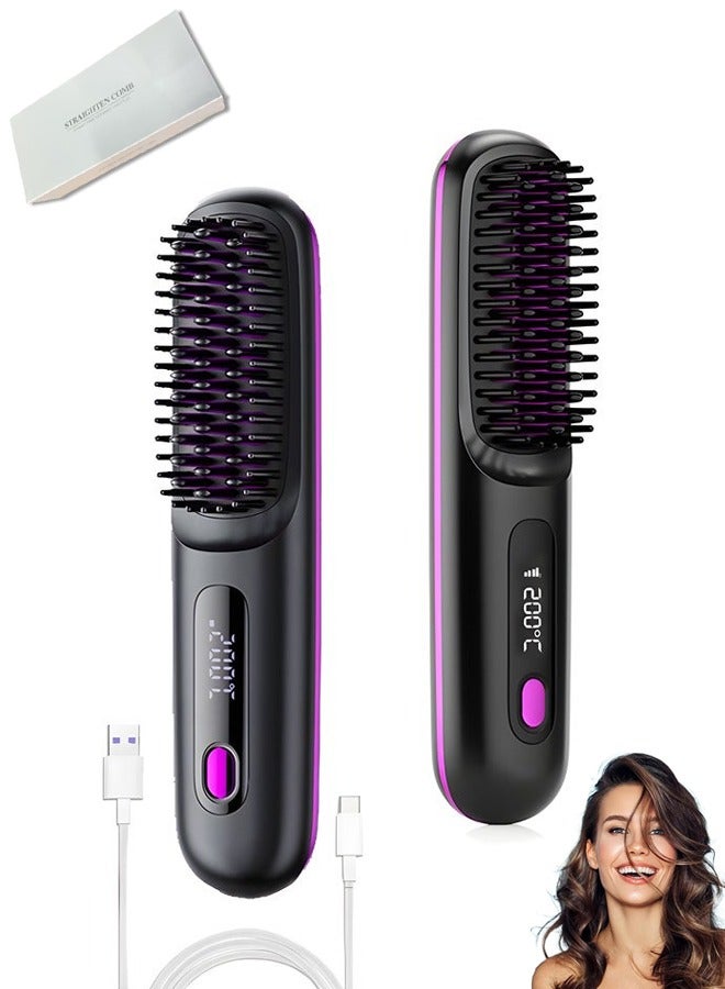 Wireless Hair Straightener Brush, Portable Mini Ceramic Ionic Straightening Comb and curler 2 in 1, Thermal Brush 20s Fast Heating & 3 Temp Settings & Anti-Scald