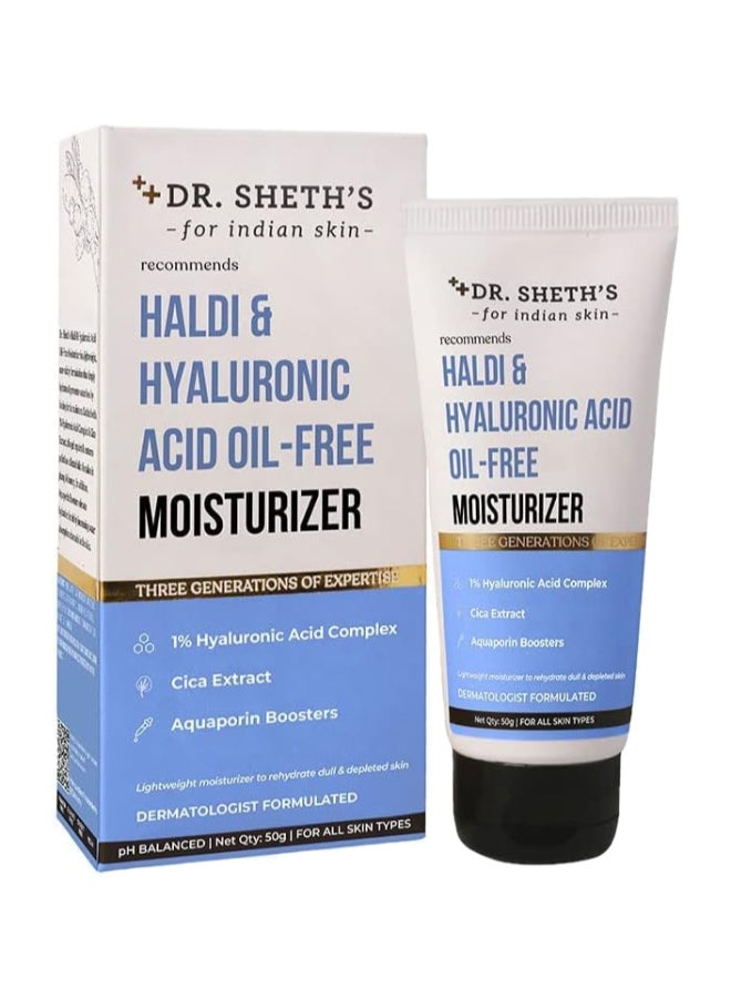 Dr. Sheth’s Haldi And Hyaluronic Acid Oil-Free Moisturizer | Lightweight Moisturiser to Rehydrate Dull Skin | 1% Hyaluronic Acid, Cica Extract And Aquaporin Boosters | Women And Men | 50g