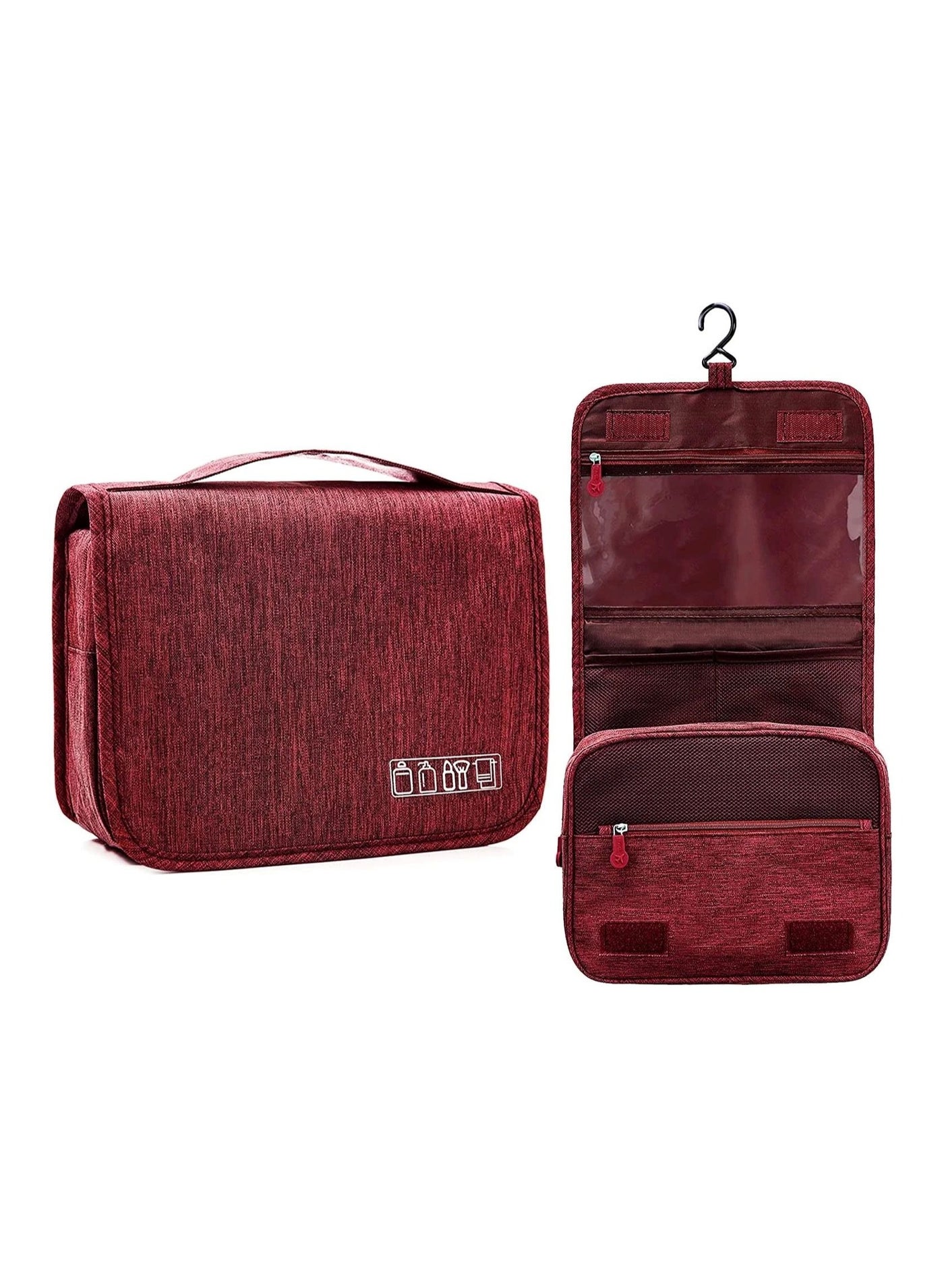 Travel Toiletry Bag Organizer Waterproof Multiple Compartment Hanging Cosmetics Shaving Grooming Storage Bag Multipocket Portable Makeup Organizer Bag with Hook for Men and Women Maroon Red