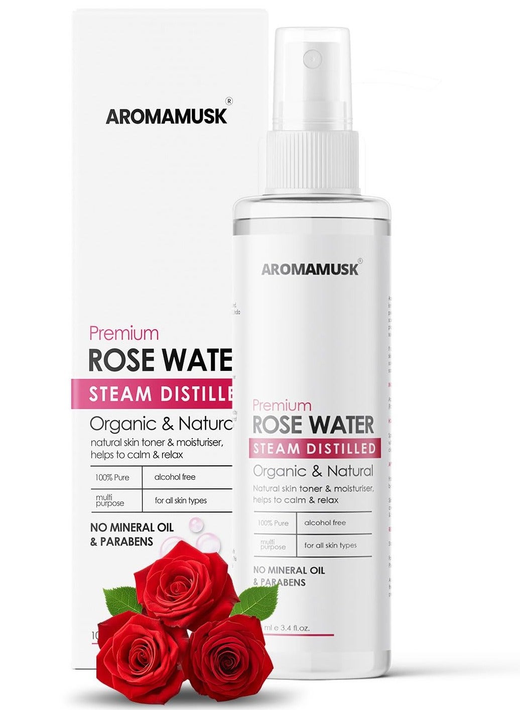 AromaMusk 100% Organic and Natural Premium Rose Water/Skin Toner (Gulab Jal) For Face and Skin, 100ml (Steam Distilled, No Alcohol, Chemical and Paraben Free)