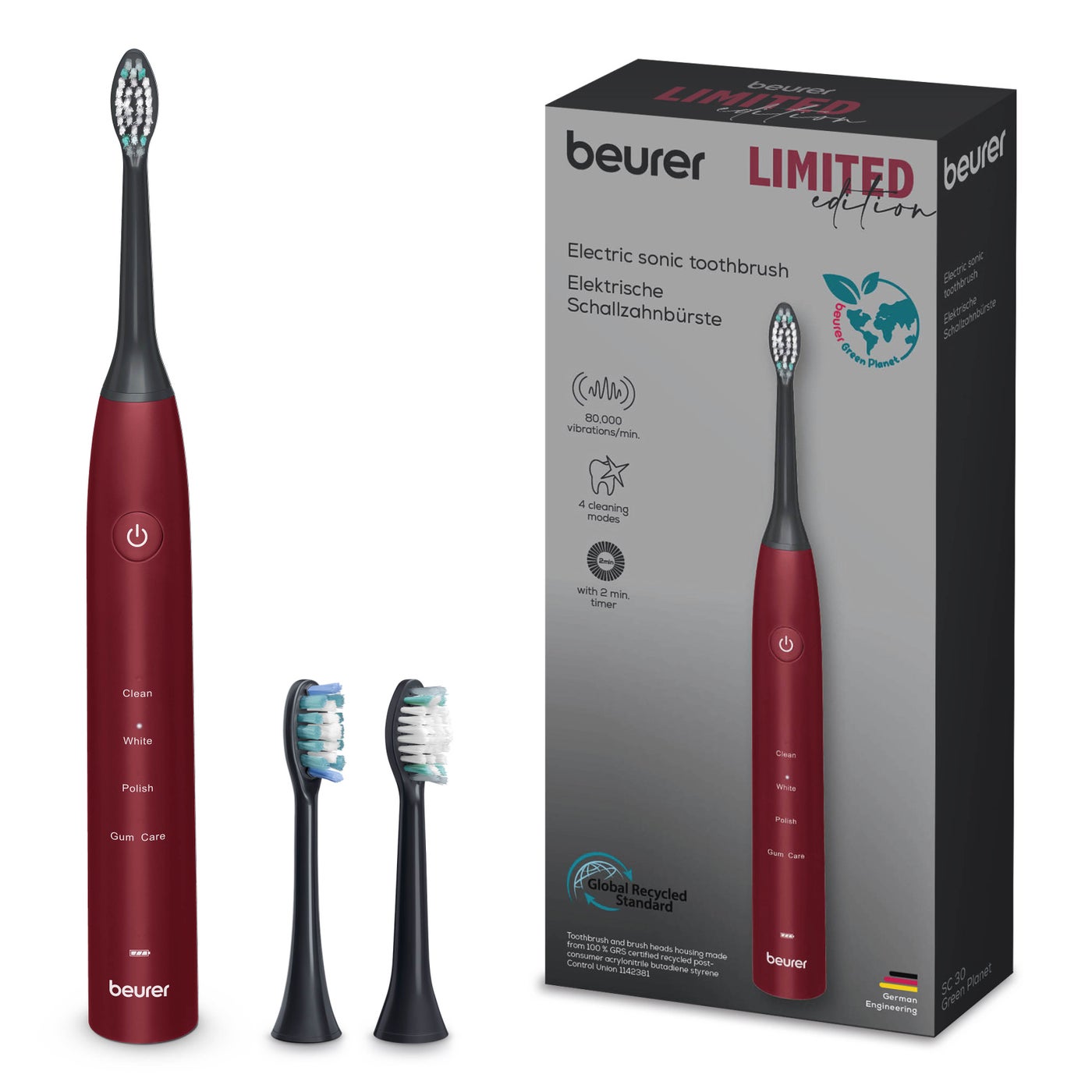 SC 30 Limited Edition Sonic Electric Toothbrush | 4 Cleaning Modes | 80,000 Oscillations/min | 15-Day Battery Life | USB-C Charging | Eco-Friendly Design | 2 Free Brush Heads