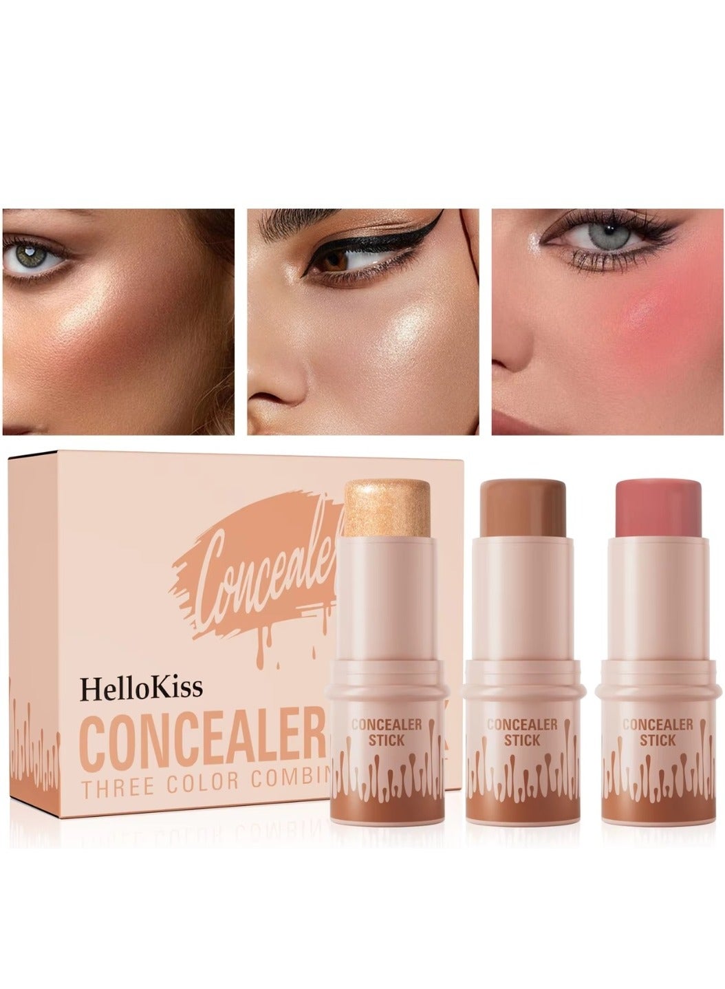 Concealer Stick Three Color Combination Set Highlight Contour and Blush Makeup Stick Set Cream Contour Concealer Stick Set Contour Highlighter Blusher Makeup Stick Soft Texture Skin Highlight Easy Makeup Stick SET B