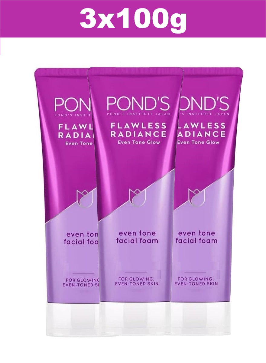 Flawless Radiance Facial Foam Cleansing and Exfoliating with Niacinamide and Vitamin E, Even-tone Glow, gives Blemish-Free Skin, 100g x 3