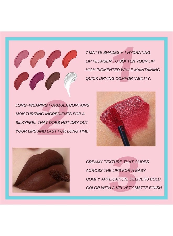 7 Matte Liquid Lipstick with 1 Lip Plumber Gloss Makeup Set Long Lasting High Pigmented Velvety Waterproof Nude Lipgloss Kit Make Up Gift Sets for Women Girls