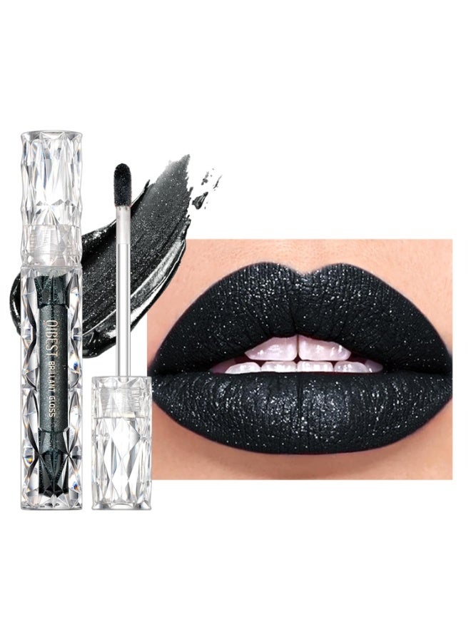 Easilydays Black Glitter Lip Gloss, Diamond Shimmer Lipstick, Metallic Matte Lipstick High Pigment Waterproof Long Lasting Lipsticks, Sparkling Glossy Liquid Lipstick Lip Gloss for Women (#10 Black)
