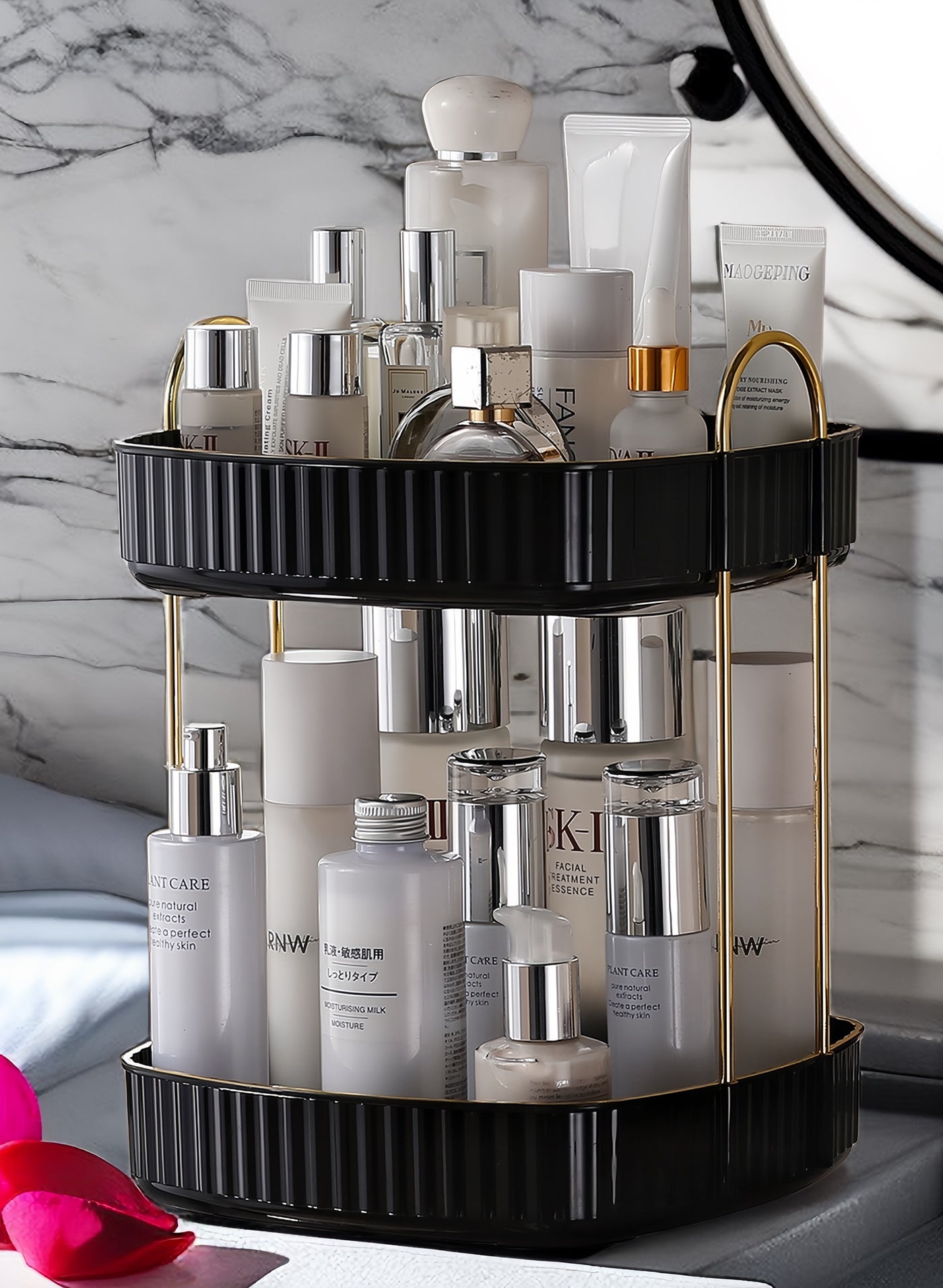 ONECIRCLE Rotating Makeup Organizer for Vanity,Double Tier Cosmetic organizer fits for Cosmetic Display,Skincare Organizer,Bathroom countertop and Lotions Storage & Display (black)