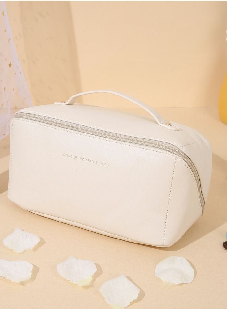 Large-Capacity Travel Cosmetic Bag, Portable Makeup Case Travel Wash Bag, Waterproof Leather Makeup Bag Everyday Use, Multifunction Toiletries Organizer Storage Bag (White)