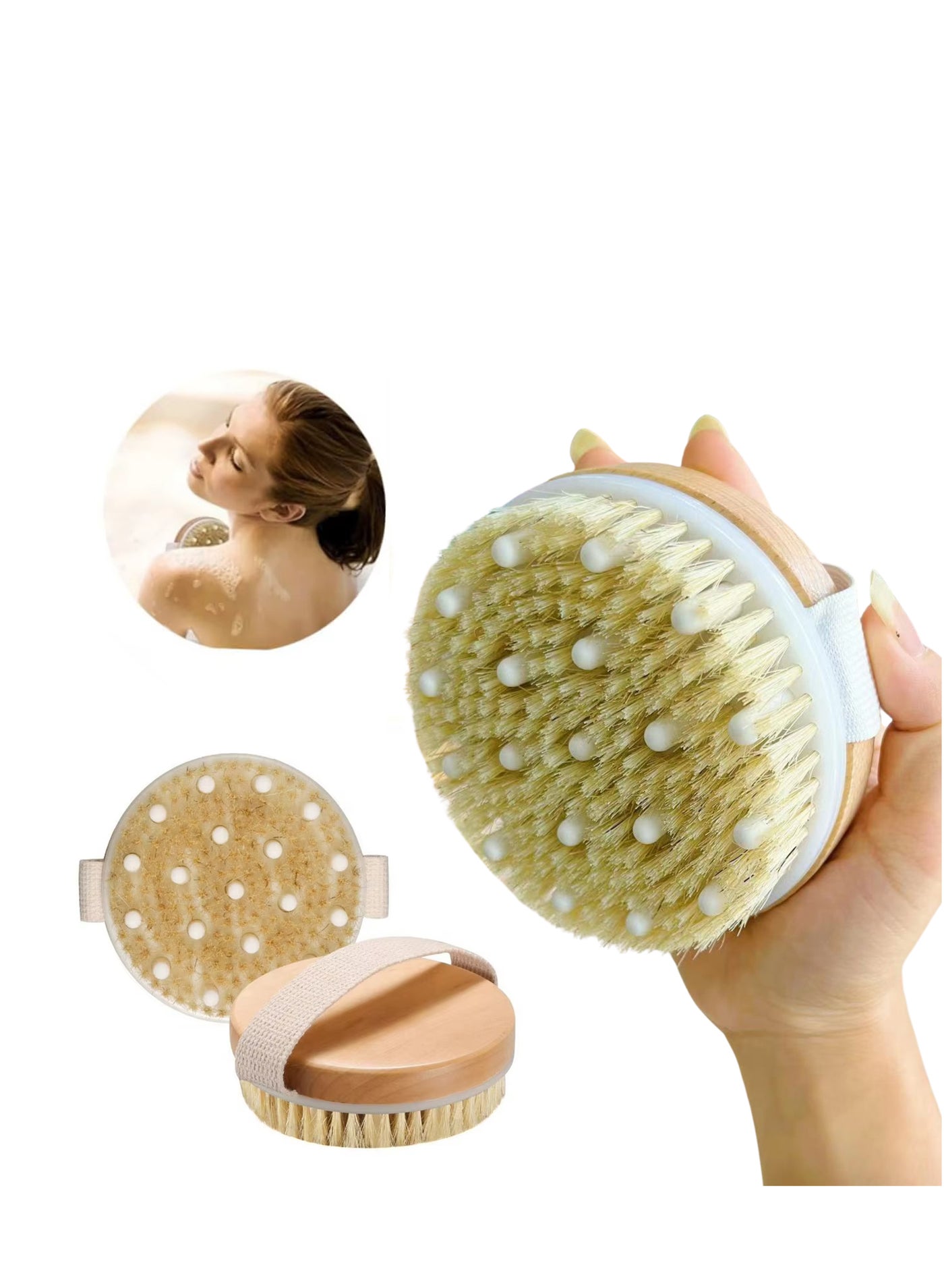 Bath Brush for Dry Brushing, Natural Bristles, Wooden Handle with Cotton Strap