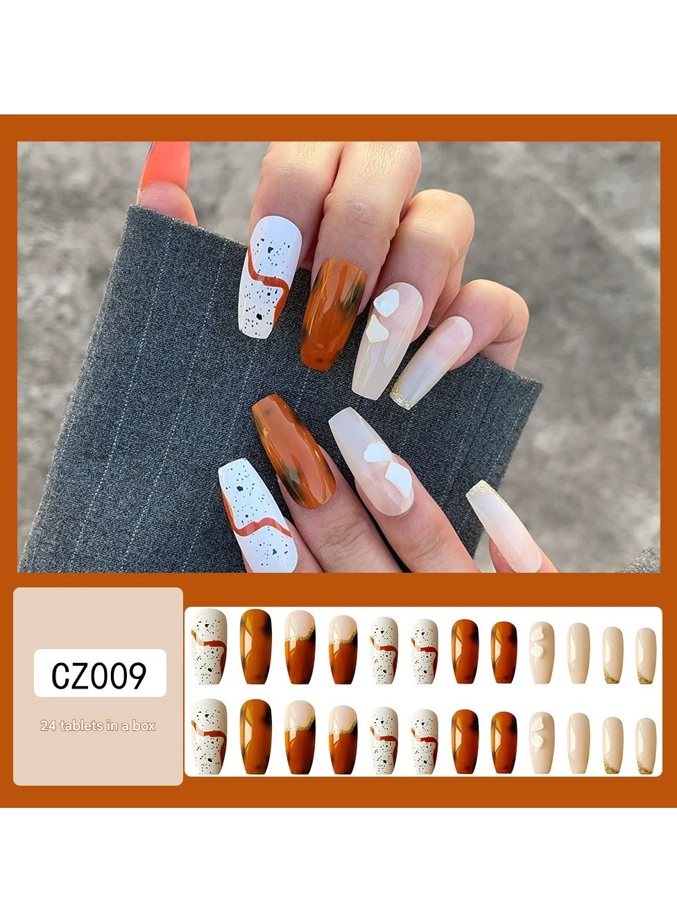 Long Coffin Amber Marble Shell Rhinestone Press On Nails – European Style Fake Nail Tips, 24pcs Luxury Party Wear