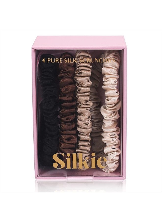 SILKIE x4 Set 100% Pure Mulberry Silk Black Brown Skinny Scrunchies Travel Pouch Everyday Hair Ties Elastics Hair Care Ponytail Holder No Damage (Chocolate)