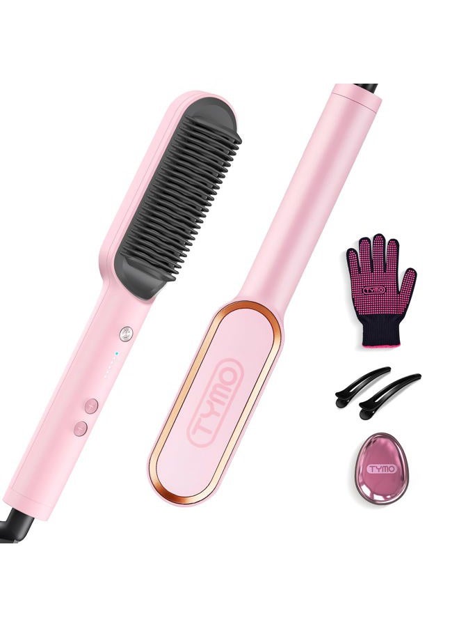 Hair Straightener Brush, TYMO Ring Hair Straightener Comb Straightening Brush for Women with 5 Temps 20s Fast Heating & Dual Voltage, Pink