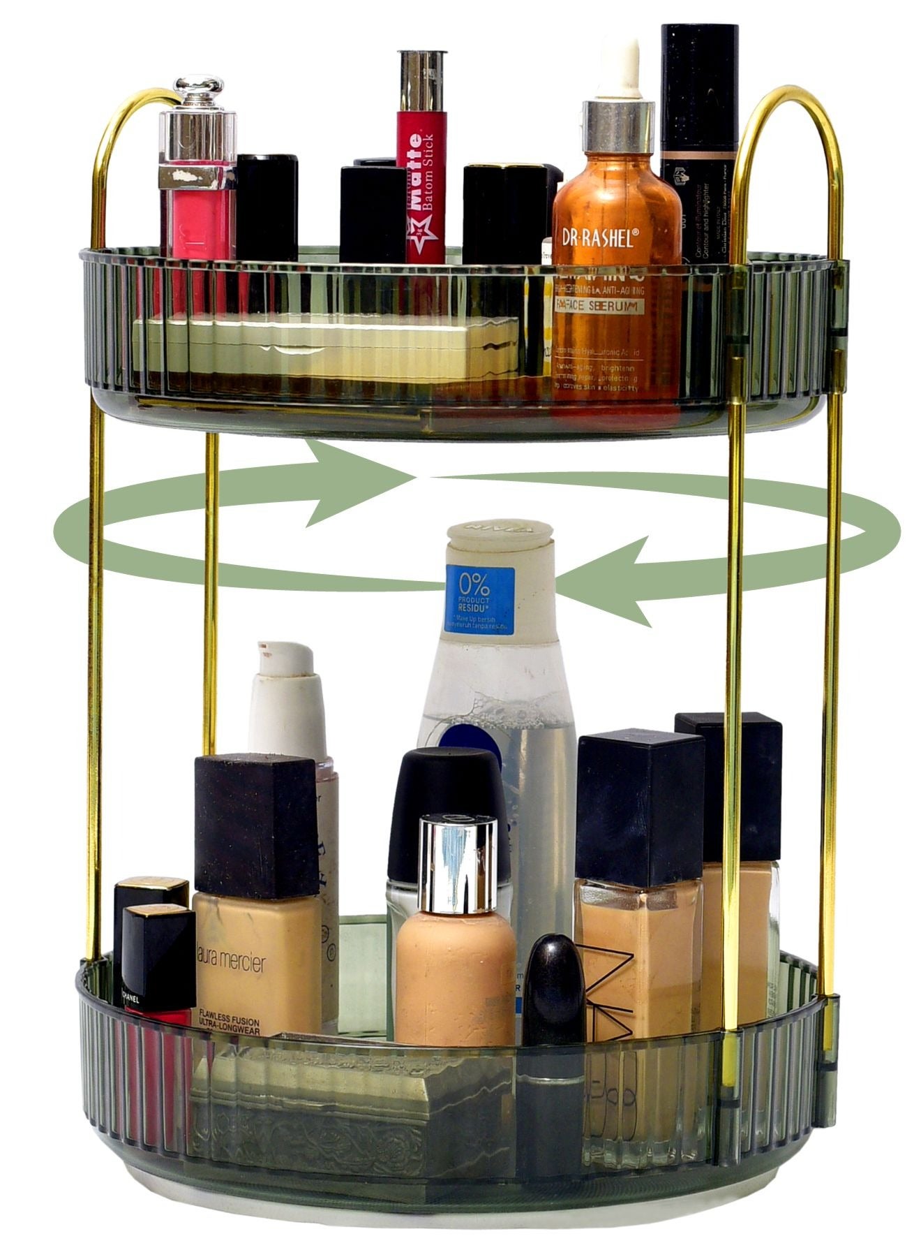 Makeup Organizer, Luxury Acrylic Make Up Organizer, Lazy Susan 360° Rotating Skincare Organizer, Showcase Your Cosmetic Collection with 2 Tier Green Makeup Stand 32x23x23cm