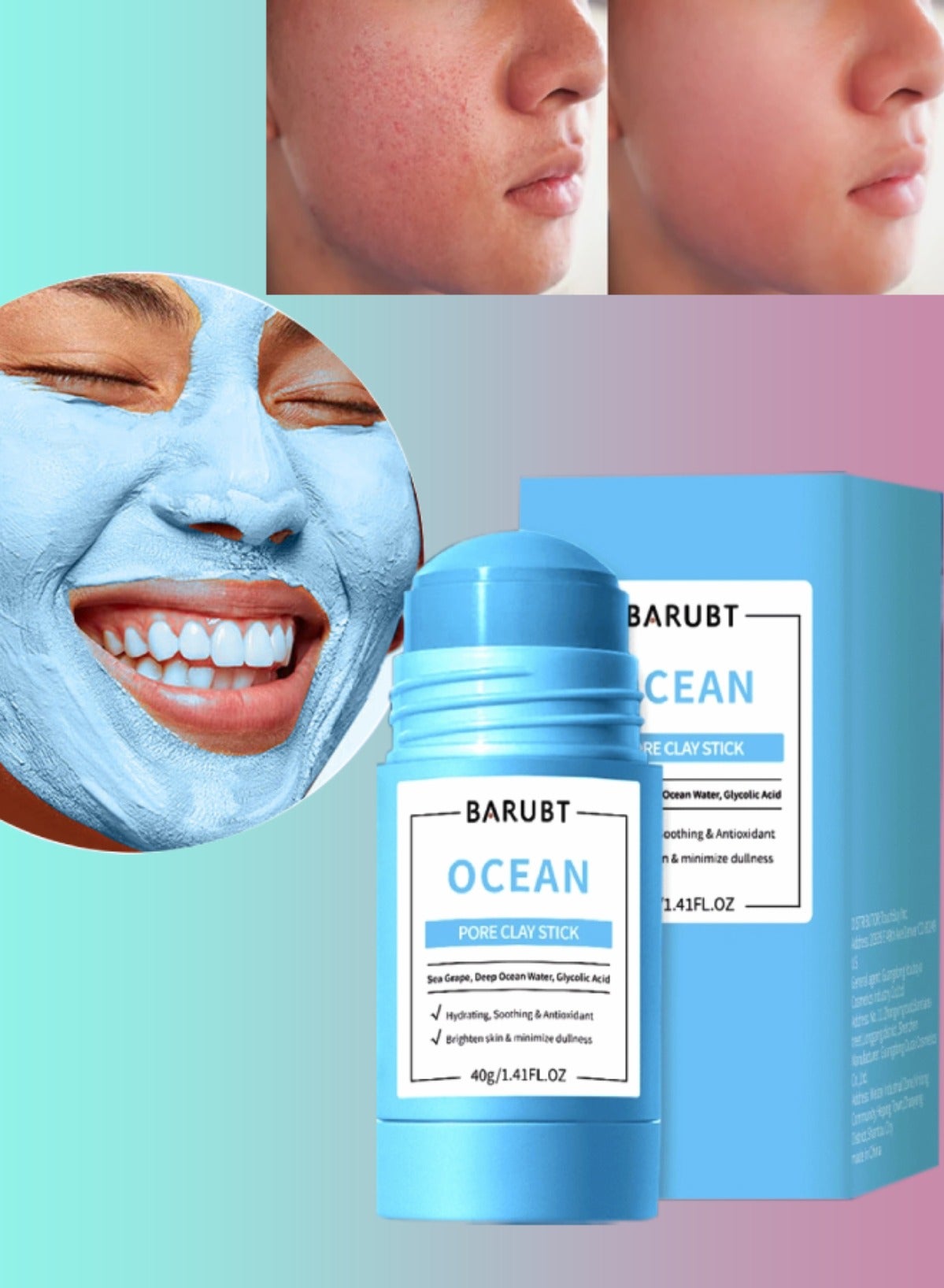 Ocean Pore Clay Stick Hydrating Soothing and Antioxidant Face Mask Brighten Skin and Minimize Dullness with Sea Grape Ocean Water and Glycolic Acid Moisturizing Face Mask Clay Stick Cleanser Face Mask 40g
