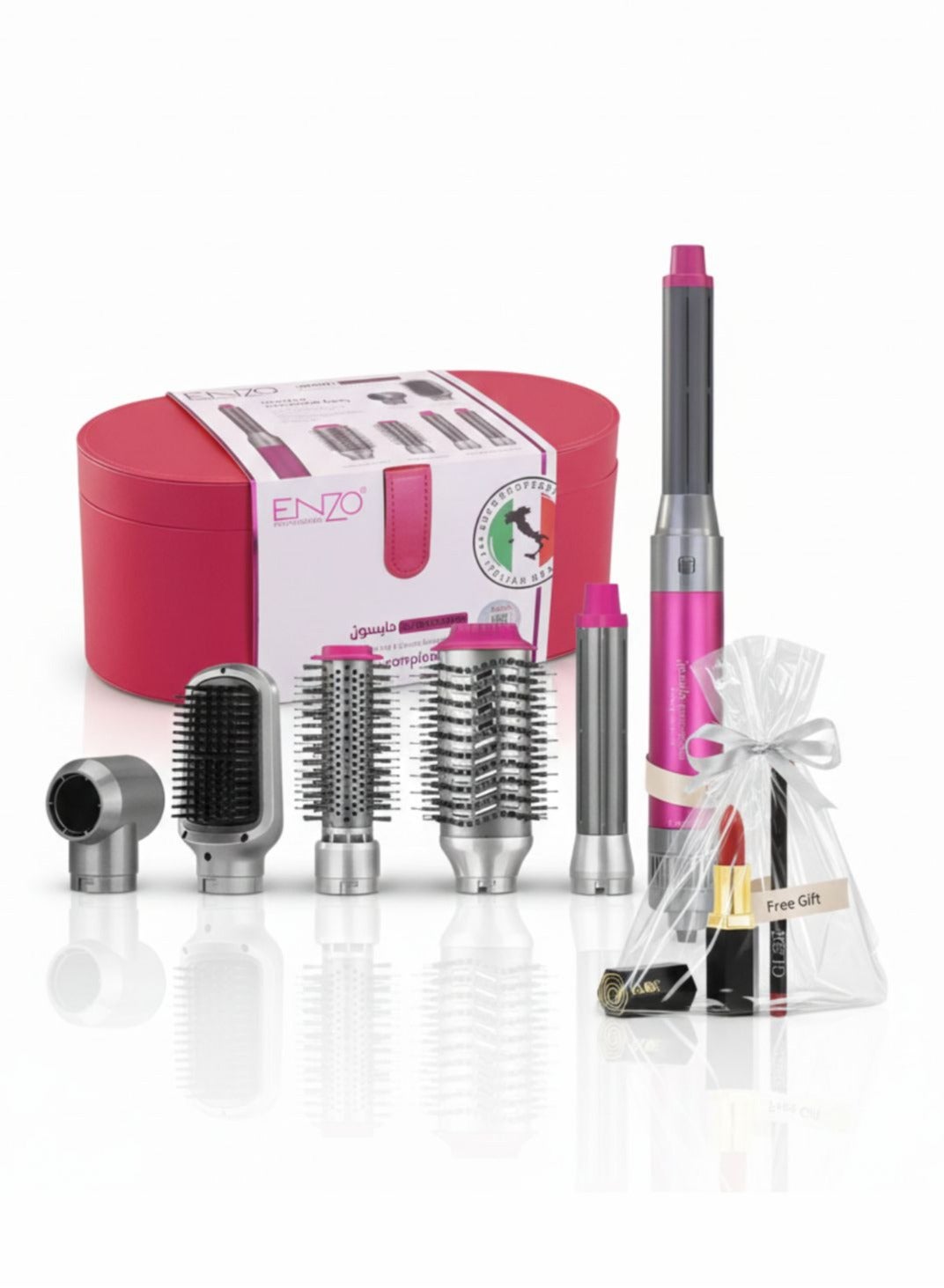 EN-4133 6-in-1 Electric Hair Styling Tool – Hair Straightener, Curler, Hot Air Brush & One-Step Dryer with Ionic Technology for Salon-Quality Styling at Home | Complimentary Glor Lipstick (Whispering Rose) & Lip Liner (Cremisi)